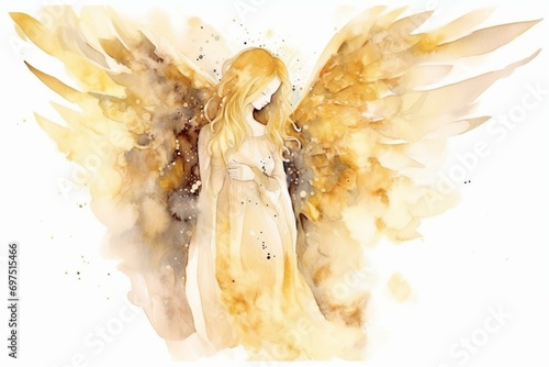 Watercolor illustration. Christmas angel with golden wings. Generative AI photo