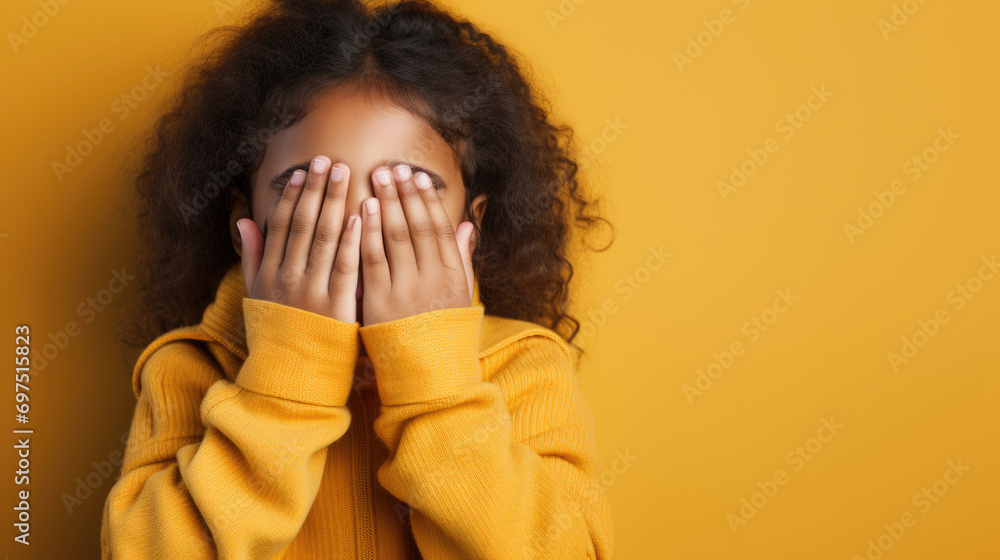 little girl closes her eyes and covers with both hands on a pastel colored background created with Generative AI Technology - obrazy, fototapety, plakaty 