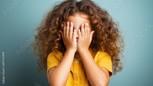 little girl closes her eyes and covers with both hands on a pastel colored background created with Generative AI Technology photo