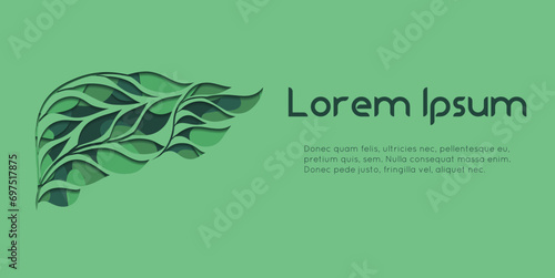 Vector card with 3d layered illustration of human healthy liver from leaves on green background and place for text. Banner template