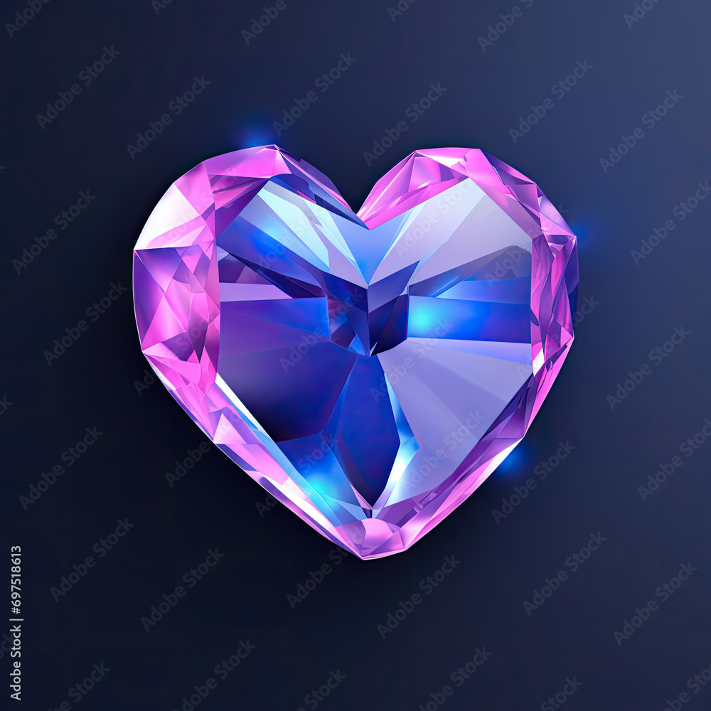 Isometric 3d crystal love heart with shiny bluish purple sparkling glass on dark background created with Generative AI Technology