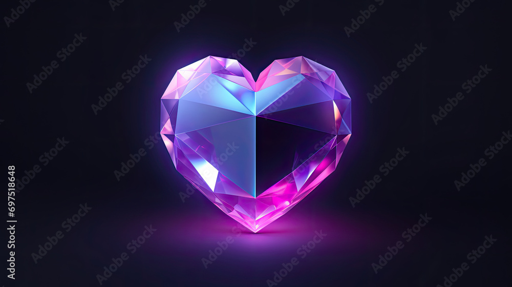 Isometric 3d crystal love heart with shiny bluish purple sparkling glass on dark background Isometric 3d crystal love heart with shiny bluish purple sparkling glass on dark background