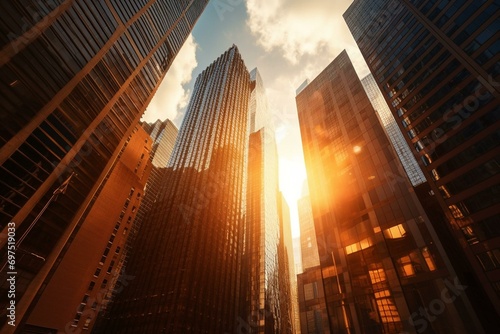 tall urban buildings under radiant sunlight. Generative AI