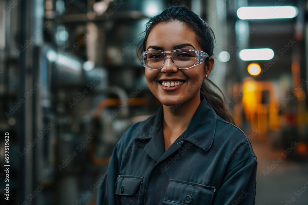 portrait of smiling female engineer or mechanical worker on site wearing safety glasses and boiler suit
portrait of smiling female engineer or mechanical worker on site wearing safety glasses and boiler suit