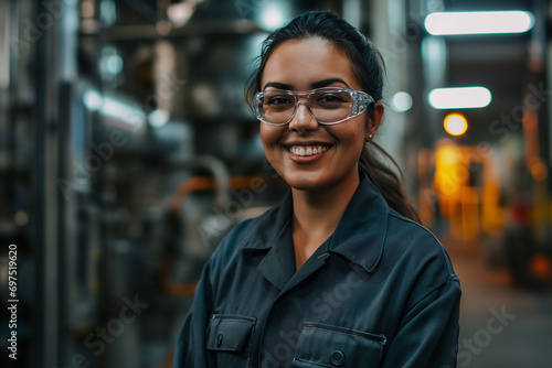 portrait of smiling female engineer or mechanical worker on site wearing safety glasses and boiler suit 
