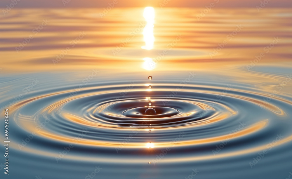 A water droplet creating ripples on the surface of a body of water, sunset A water droplet creating ripples on the surface of a body of water, sunset