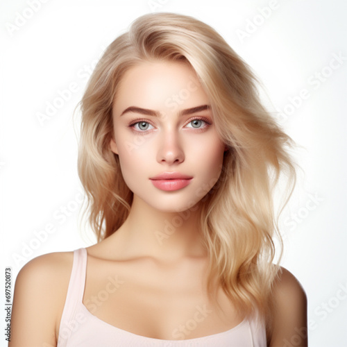 Beauty Woman face Portrait. Beautiful Spa model Girl with Perfect Fresh Clean Skin. Blonde female looking at camera and smiling. . Isolated on a white background ai technology