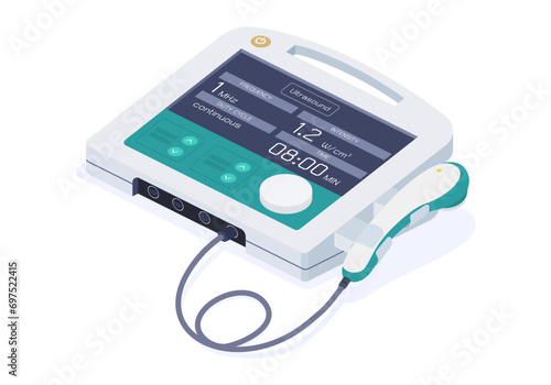 A Ultrasound therapy machine using in physical therapy for relief pain, activate healing, decrease spasm in tissue. Isolated object. Isometric vector.