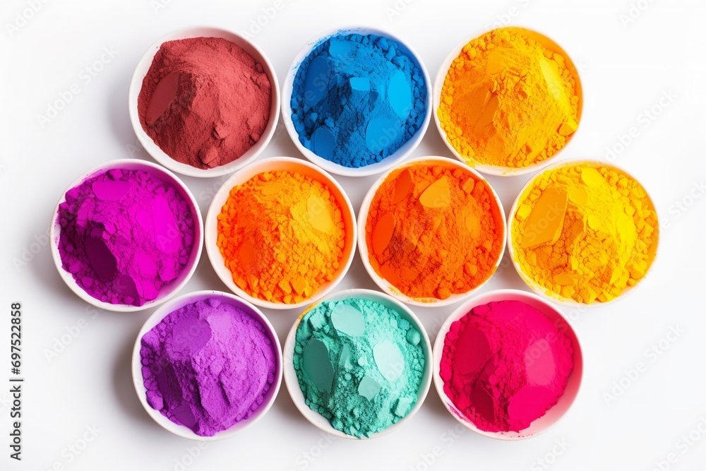traditional Happy holi powder in bowls isolated on white traditional Happy holi powder in bowls isolated on white