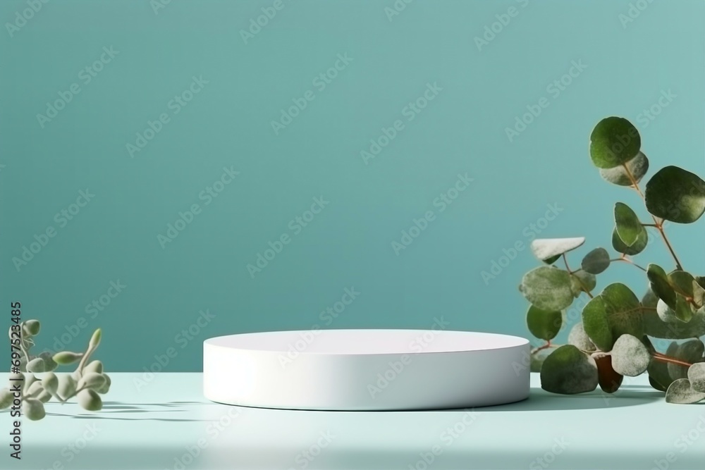 Abstract empty white podium with eucalyptus leaves and shadows on blue background. Mock up stand for product presentation. 3D Render. Minimal concept. Advertising template. generative ai. - obrazy, fototapety, plakaty 