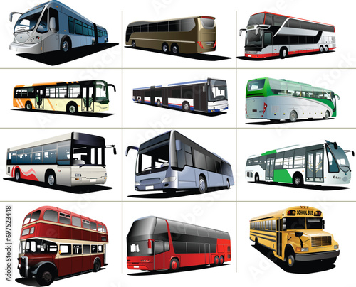 Twelve kinds of  city buses. Vector illustration