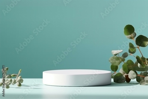 Abstract empty white podium with eucalyptus leaves and shadows on blue background. Mock up stand for product presentation. 3D Render. Minimal concept. Advertising template. generative ai. photo