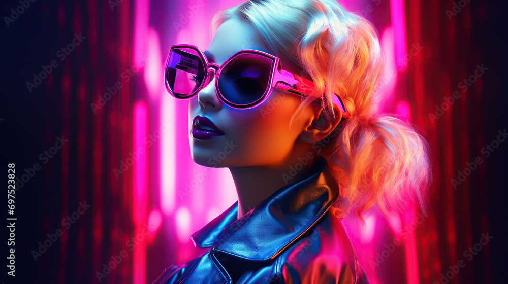 Young adult woman wearing stylish sunglasses indoors at a performance. Young adult woman wearing stylish sunglasses indoors at a performance.