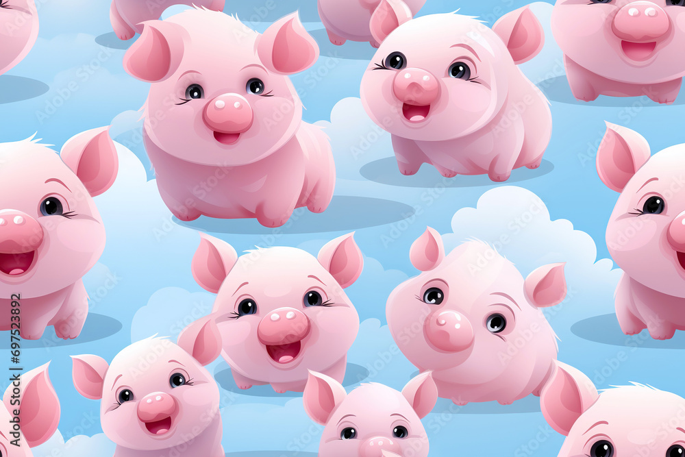 seamless pattern with cute pink piglets pig piggy on blue sky background with clouds seamless pattern with cute pink piglets pig piggy on blue sky background with clouds