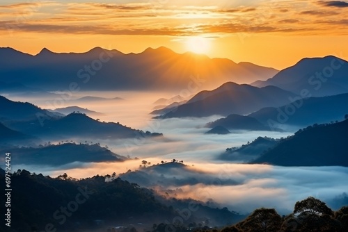 Beautiful mountain layers with morning sun rays and winter fog in Doi Hua Mae Kham, Mae Salong Nai, Chiang Rai, Thailand. Generative AI photo