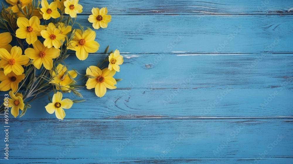 Fototapeta premium spring cherry blossom branches on turquoise blue background