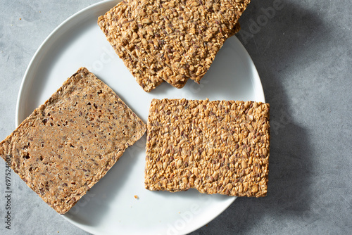 A top down view of a stack of Norwegian crisp bread. photo