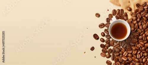 Coffee beans and instant drink granules on a banner with empty space.