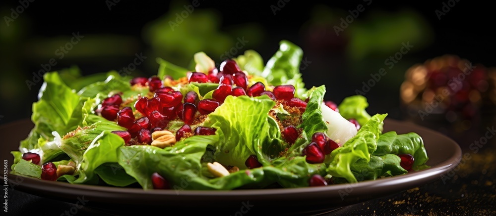 Close-up of a salad with fresh greens, garnet, and spices on a table.