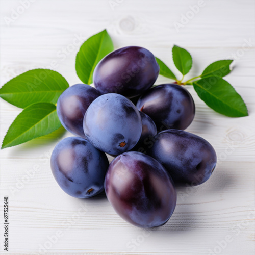 Plums on white wooden background. Half of blue plum fruit. Many beautiful plums with leaves ai technology