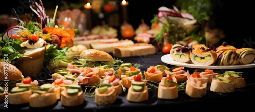 Close-up of assorted appetizers on a corporate event buffet.