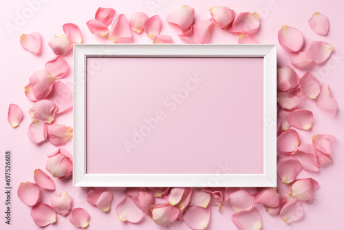 White empty picture frame surrounded by rose flower petals on pink background © Firn