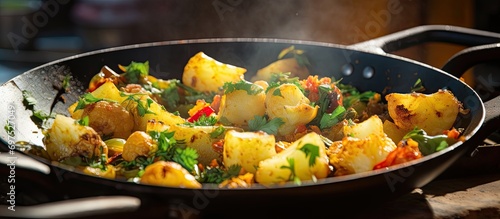 Cooking aloo gobi, an Indian dish with potatoes and cauliflower, using a gas pan. Photo of authentic Indian cuisine prepared with fresh ingredients in a Goa cooking class. photo