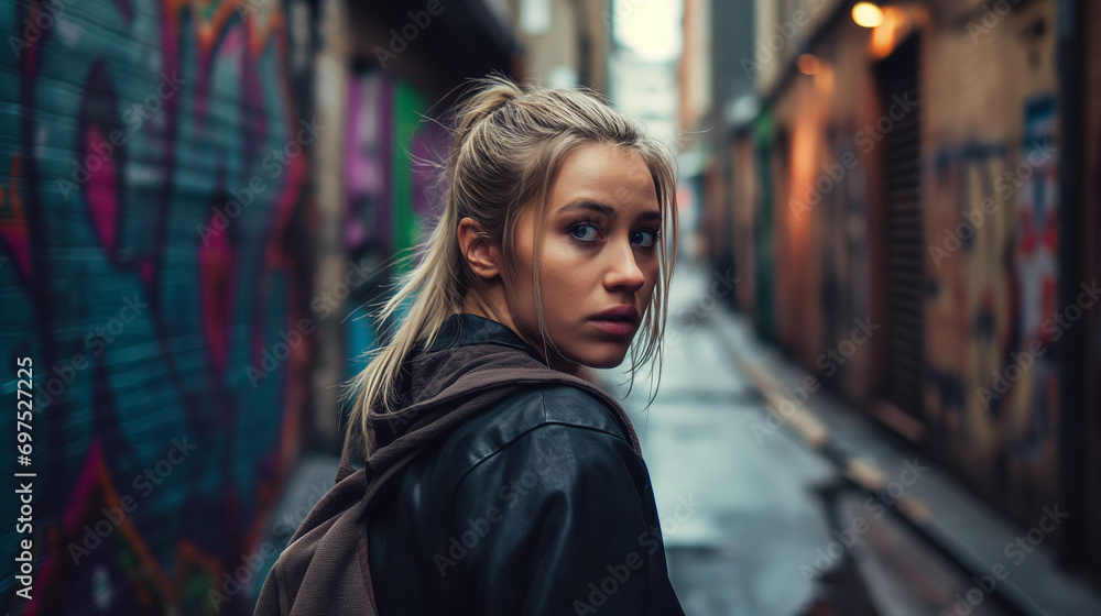 Stylish Young Woman in Urban Alleyway