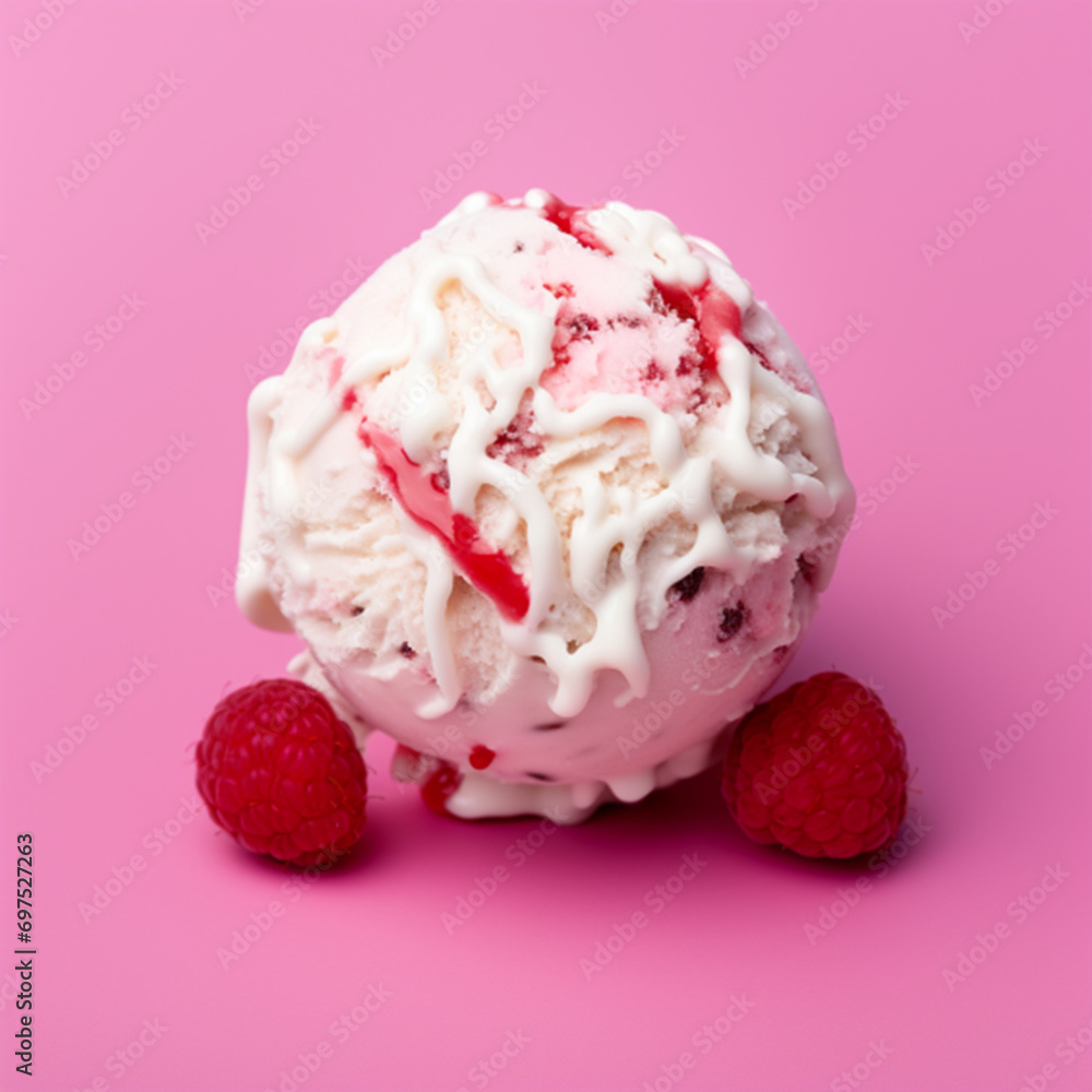 vanilla and raspberry ice cream ball isolated on pink background, top view ai technology vanilla and raspberry ice cream ball isolated on pink background, top view ai technology