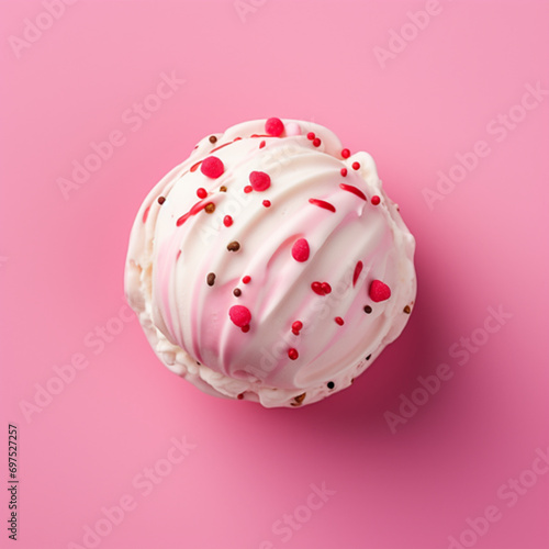 vanilla and raspberry ice cream ball isolated on pink background, top view ai technology