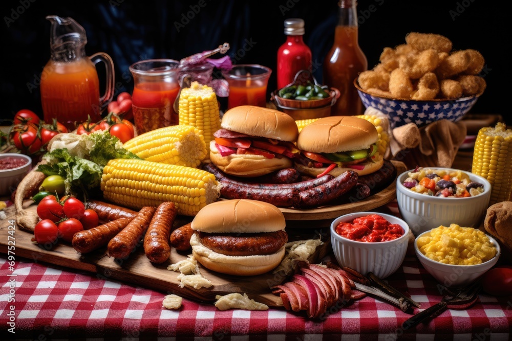 Variety of fast food including hamburgers, sausages, pickles, chips and vegetables, A barbecue with juicy burgers, hotdogs, and corn, AI Generated