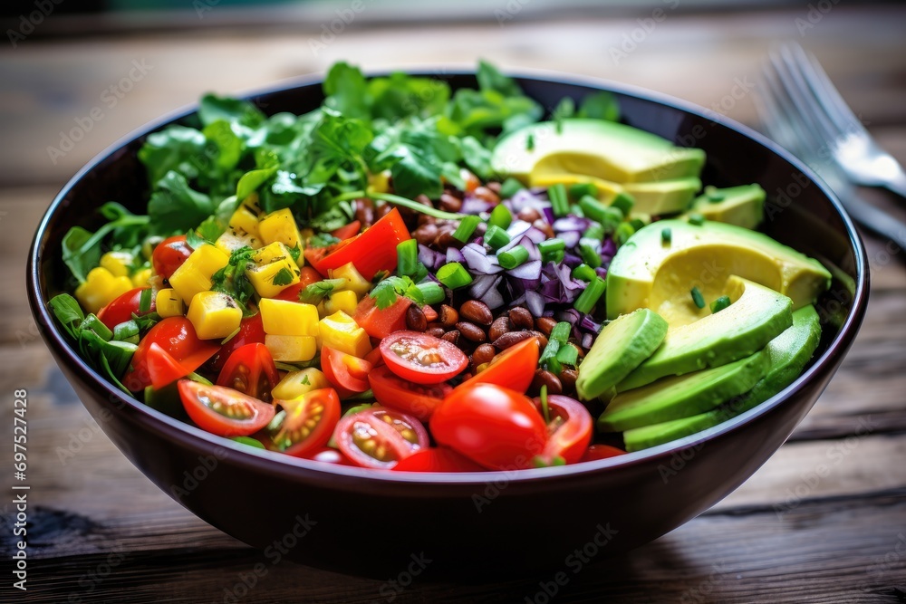 Healthy salad with avocado, tomatoes, corn, arugula and beans, A bowl of colorful salad loaded with a variety of veggies, AI Generated Healthy salad with avocado, tomatoes, corn, arugula and beans, A bowl of colorful salad loaded with a variety of veggies, AI Generated
