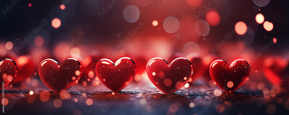 Glowing red hearts with glitter, creating a romantic and festive Valentine's Day atmosphere suitable for backgrounds or greeting cards. Glowing red hearts with glitter, creating a romantic and festive Valentine's Day atmosphere suitable for backgrounds or greeting cards.