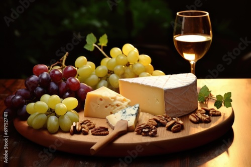 cheese plate with grapes, nuts and a glass of white wine, A cheese platter with grapes, nuts and wine, AI Generated