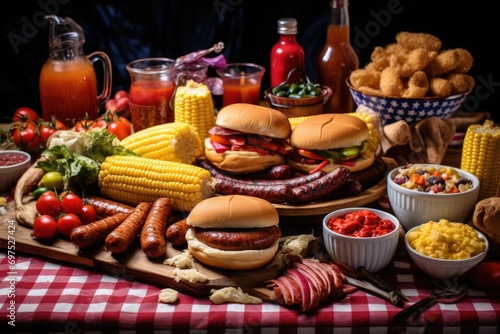 Variety of fast food including hamburgers, sausages, pickles, chips and vegetables, A barbecue with juicy burgers, hotdogs, and corn, AI Generated photo