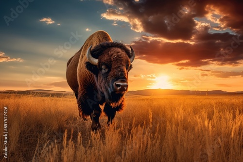 Bison in the grassland at sunset, Yellowstone National Park, Wyoming, USA, A bison roaming across a grassland plateau during the setting sun, AI Generated © Iftikhar alam