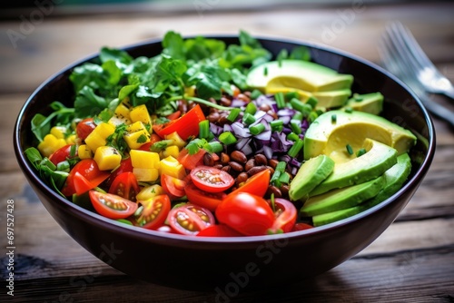 Healthy salad with avocado, tomatoes, corn, arugula and beans, A bowl of colorful salad loaded with a variety of veggies, AI Generated