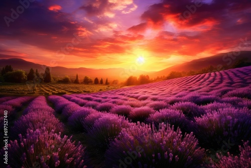 Beautiful sunset over lavender field in Provence, France, A captivating sunset over a picturesque lavender field, AI Generated
