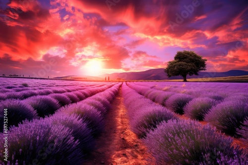 Sunset over lavender field in Provence, France, A captivating sunset over a picturesque lavender field, AI Generated