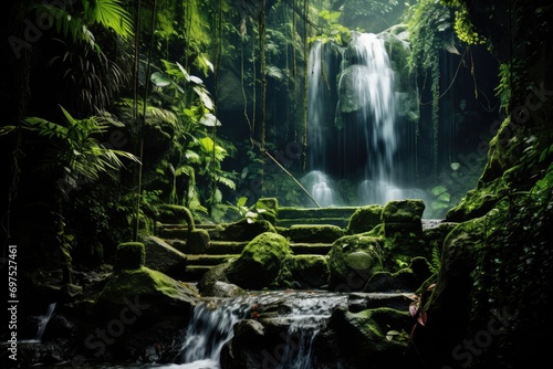 Beautiful waterfall in tropical rain forest, Thailand. Toned, A cascading waterfall inside a hidden rain forest, AI Generated