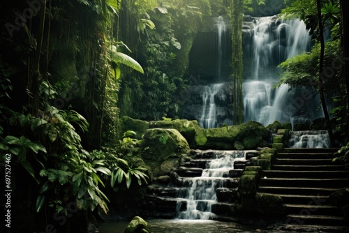 Waterfall in the jungle of Bali island, Indonesia. Toned, A cascading waterfall inside a hidden rain forest, AI Generated