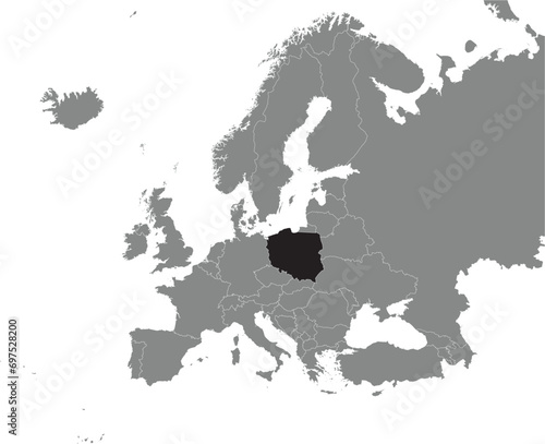 Black CMYK national map of POLAND inside detailed gray blank political map of European continent on transparent background using Mercator projection