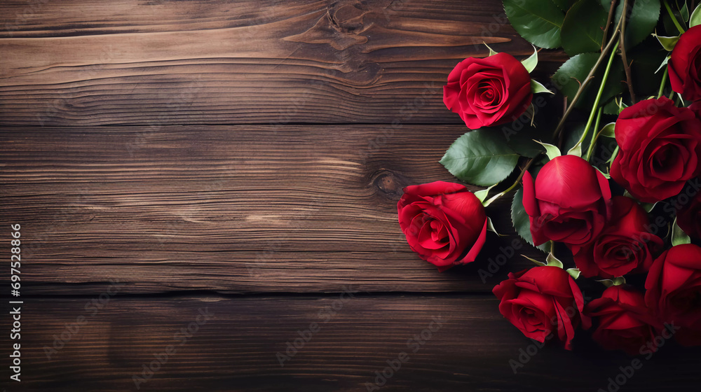 beautiful red rose flowers on a wooden table - copy space 