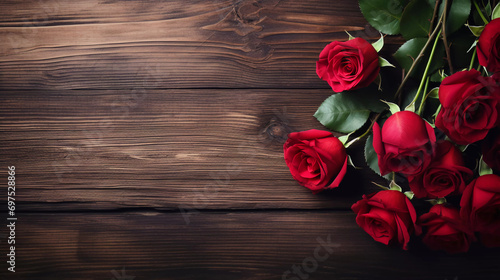 beautiful red rose flowers on a wooden table - copy space 