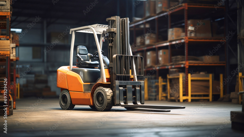Forklift for transporting and lifting loads. Pallets with boxes and containers in a goods warehouse.