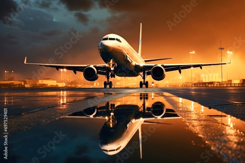 Passenger plane on the runway. Airplane landing against sunset background. Air passenger transportation.