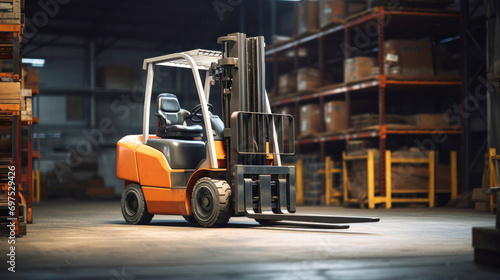 Forklift for transporting and lifting loads. Pallets with boxes and containers in a goods warehouse. © Anoo