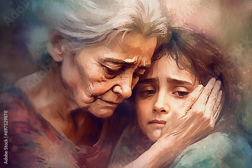 A grieving family, an elderly woman embracing her daughter, painted in watercolor on textured paper. Digital Watercolor Painting photo