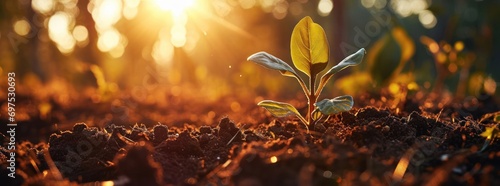 panorama small tree growing with sunrise. green world and earth day concept photo