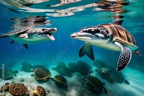 A Dolphin and Sea Turtle Underwater portrait close up while looking at you